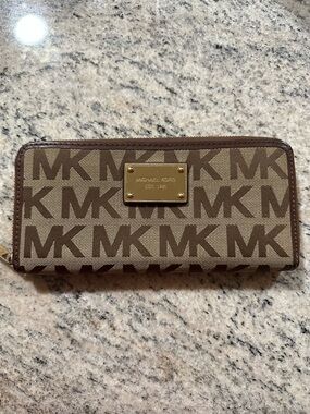 Michael Kors Brown and Tan MK Logo Zip-Around Wallet